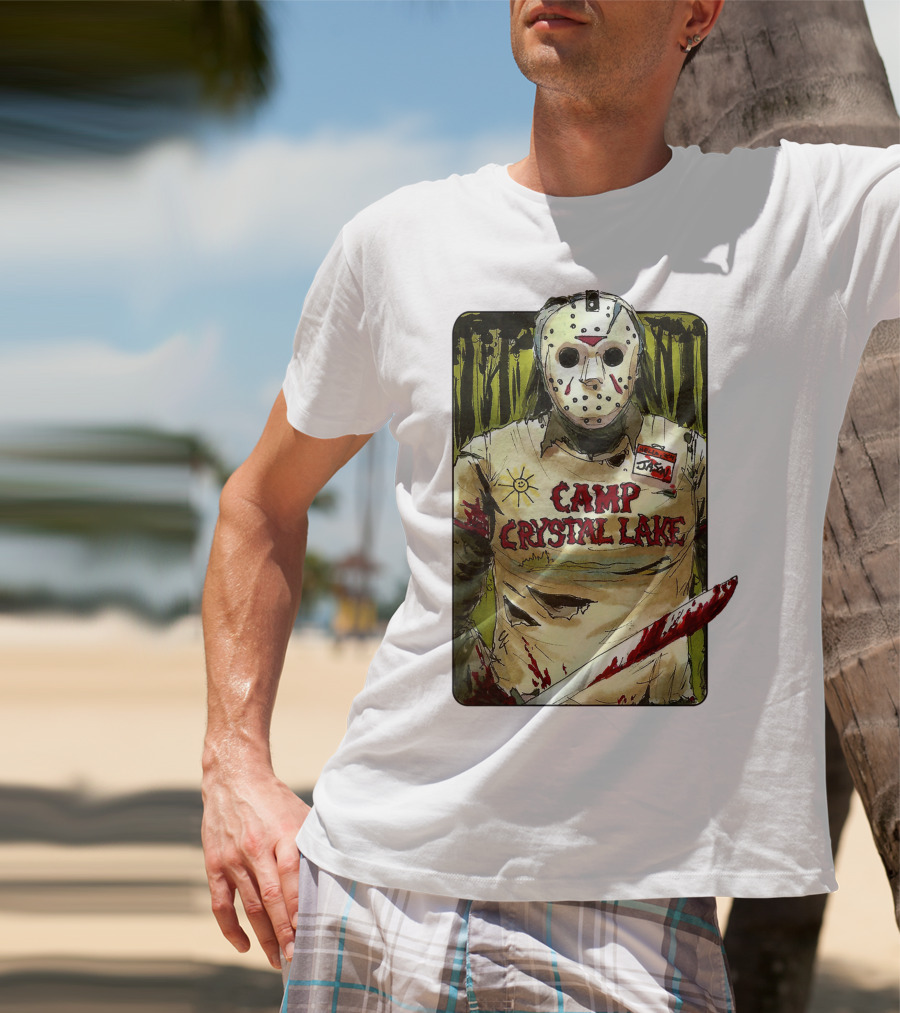 Jason Camp Crystal Lake Horror Mask Blood Stained Machete T-Shirt