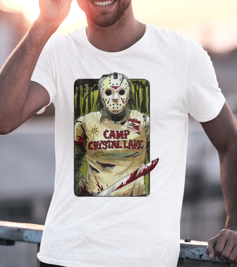 Jason Camp Crystal Lake Horror Mask Blood Stained Machete T-Shirt