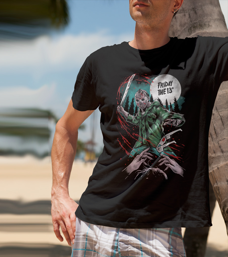 Friday The 13th Jason Vorhees Mask And Machete Horror Scene T-Shirt