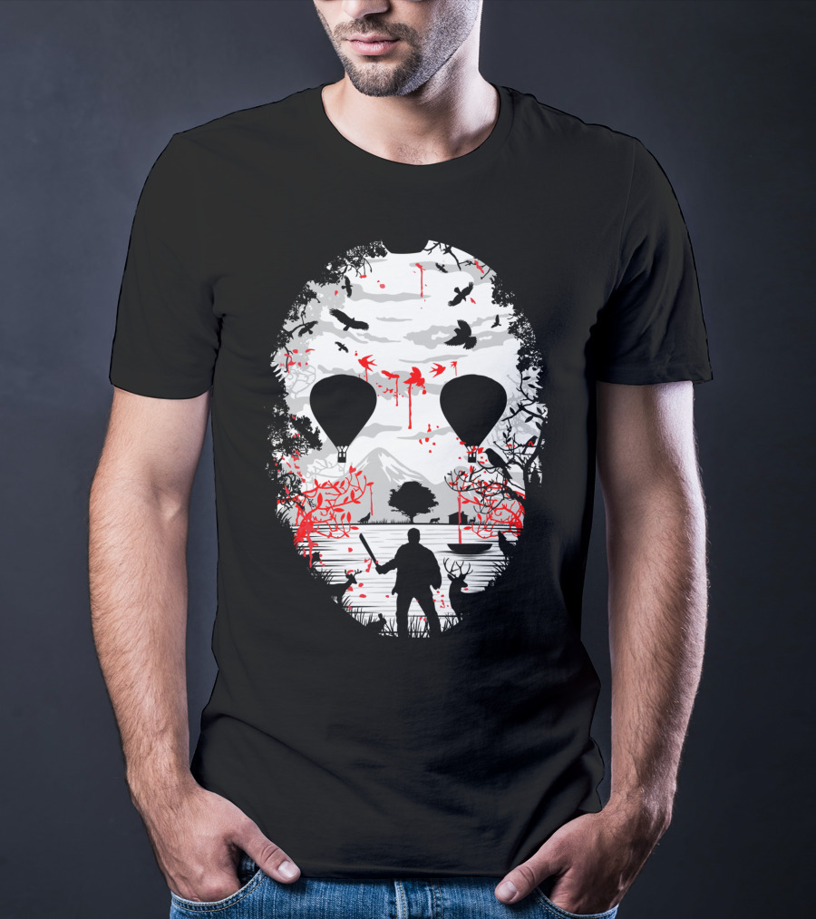 Jason Voorhees Camp Crystal Lake Mask Silhouette Counselor Scene T-Shirt