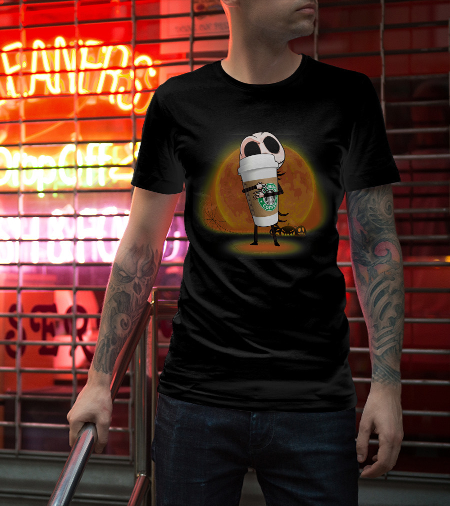 Jack Skellington Hugging Starbucks Coffee Halloween Moon Background T-Shirt