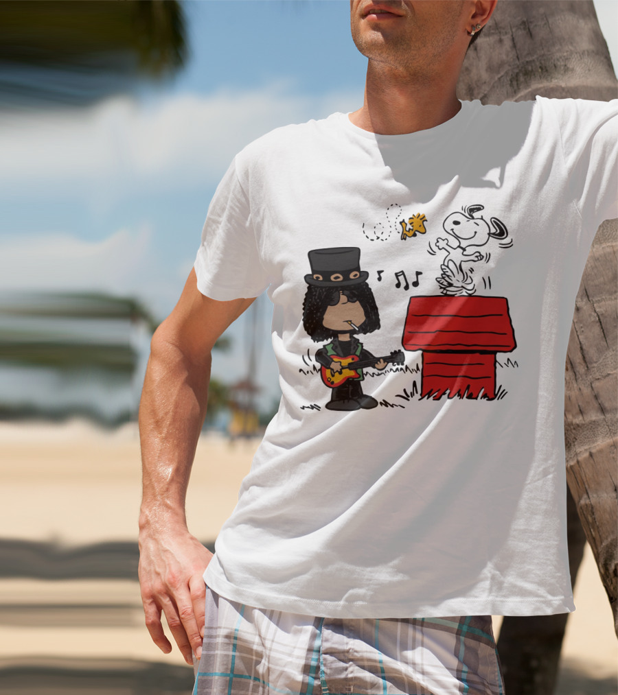 Slash Style Guitarist With Snoopy And Woodstock Playing Music T-Shirt