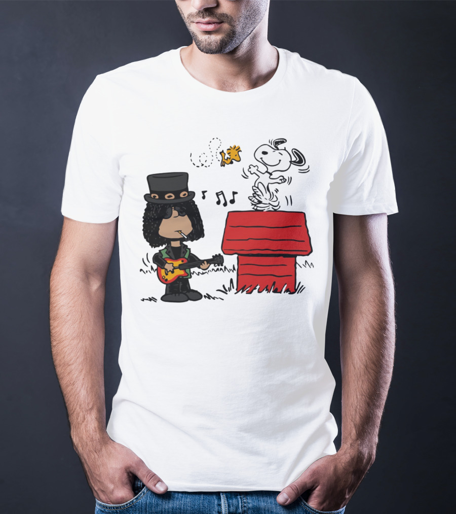 Slash Style Guitarist With Snoopy And Woodstock Playing Music T-Shirt