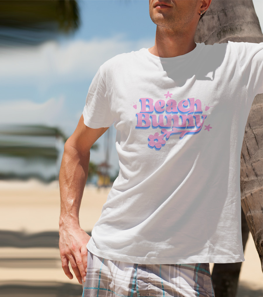 Beach Bunny Pink And Blue Text With Flowers And Hearts T-Shirt