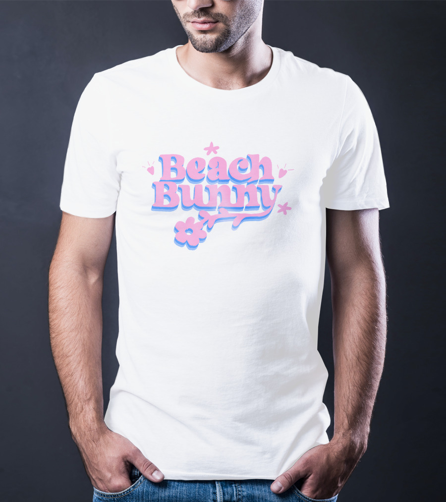 Beach Bunny Pink And Blue Text With Flowers And Hearts T-Shirt