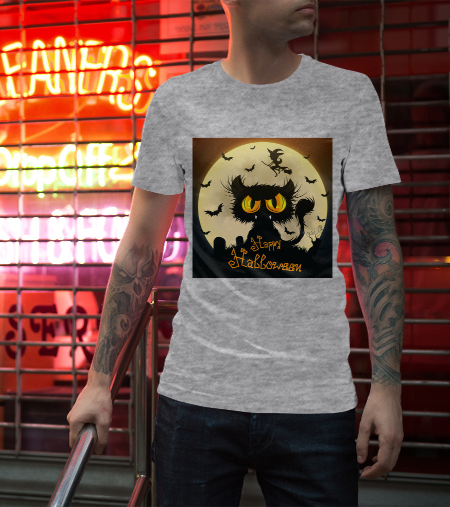 Starry Halloween Cat With Witch And Bats T-Shirt