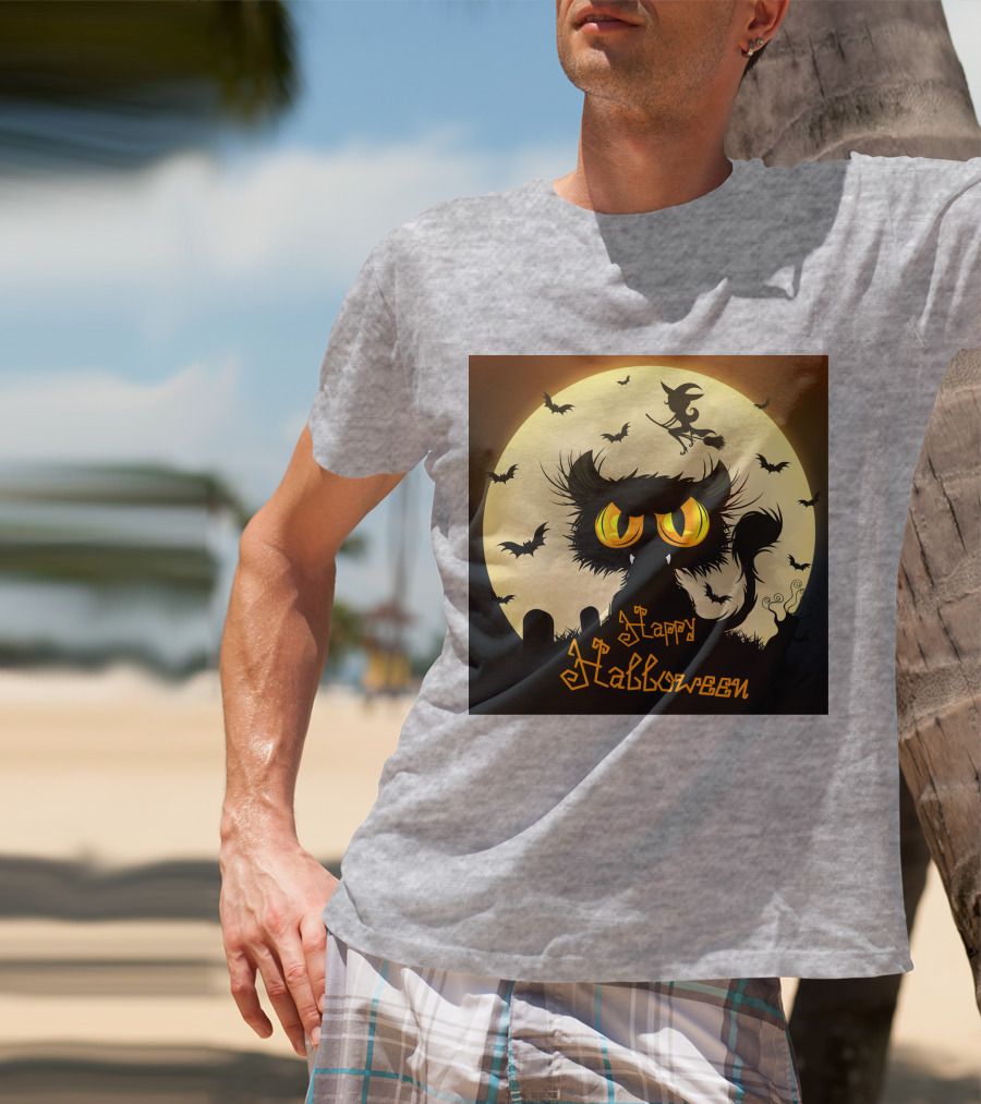 Starry Halloween Cat With Witch And Bats T-Shirt