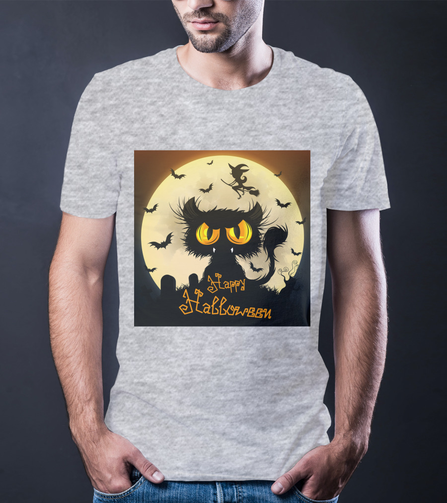 Starry Halloween Cat With Witch And Bats T-Shirt