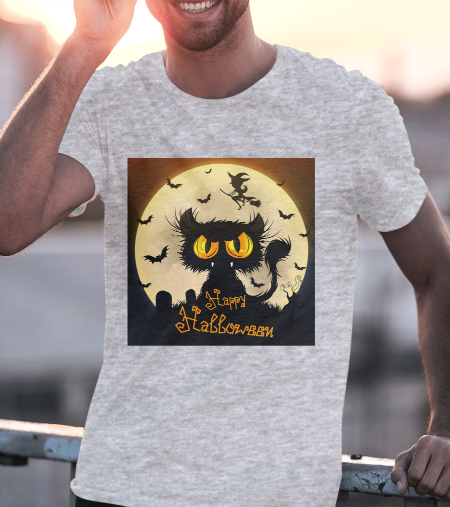 Starry Halloween Cat With Witch And Bats T-Shirt