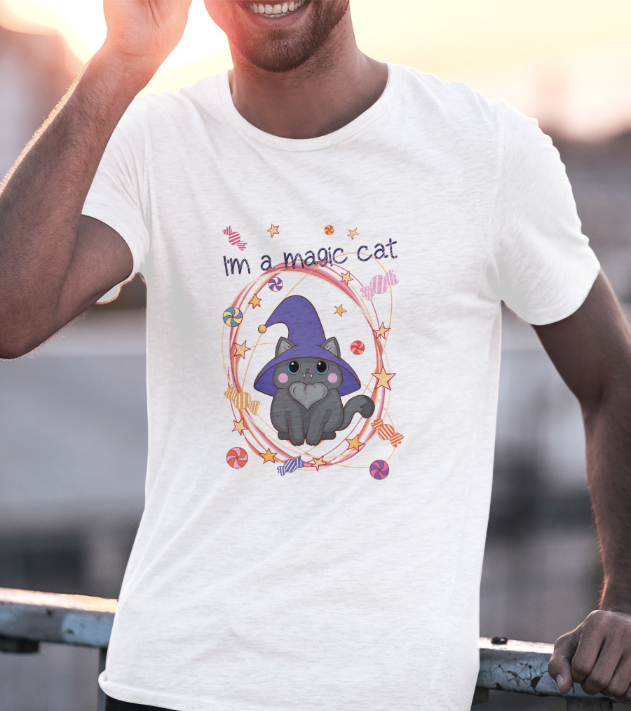 I'm A Magic Cat Wizard Hat Candy Stars T-Shirt
