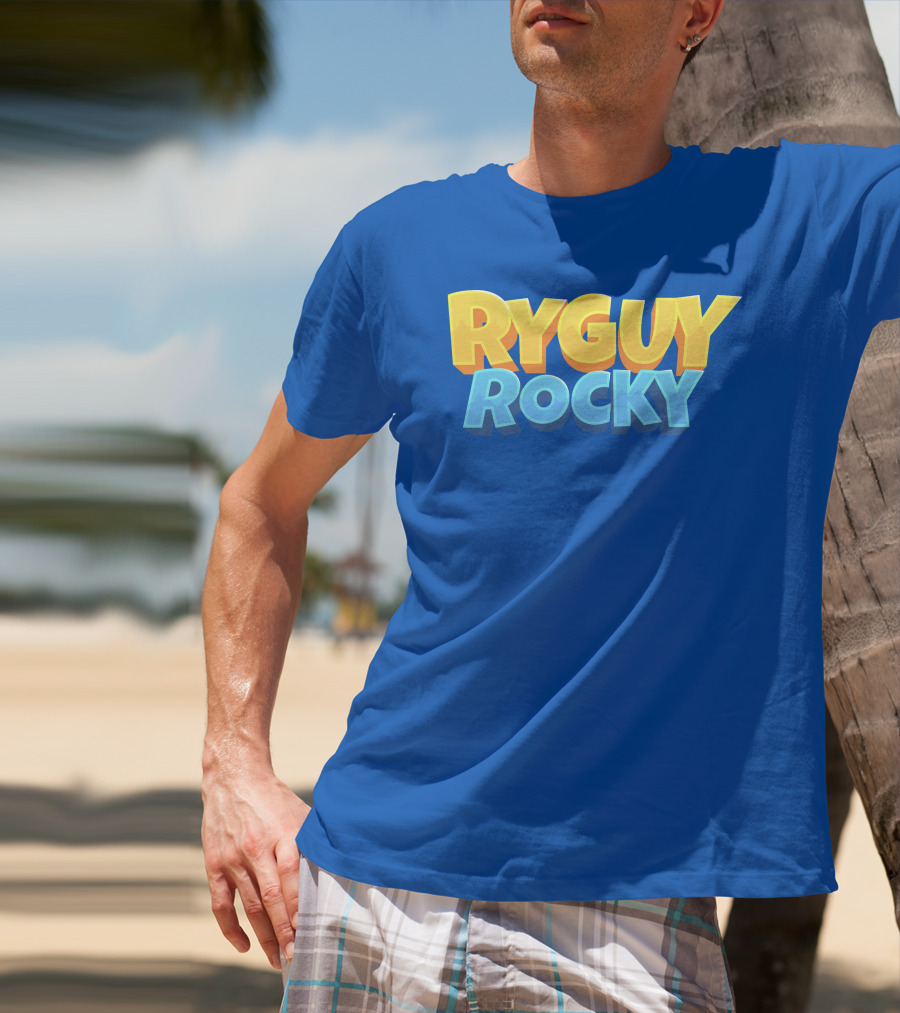 RYGUYROCKY Bold Text Logo Blue Background T-Shirt
