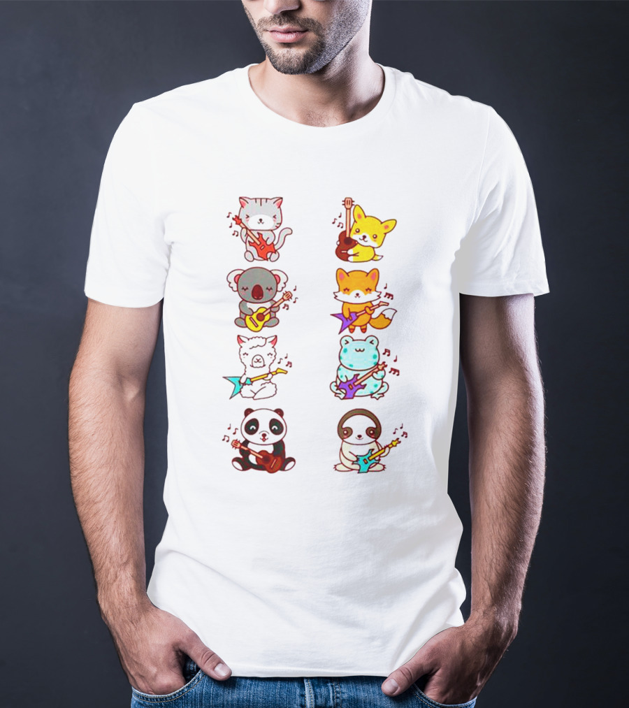 Cat Fox Koala Alpaca Frog Panda Animals Playing Acoustic Electric Guitars Kawaii T-Shirt