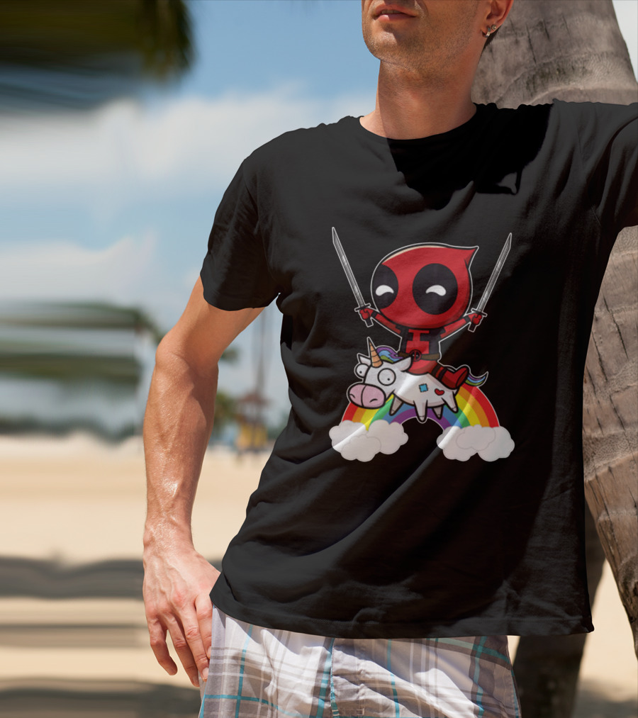 Chibi Deadpool Riding Epic Rainbow Unicorn With Dual Katanas T-Shirt