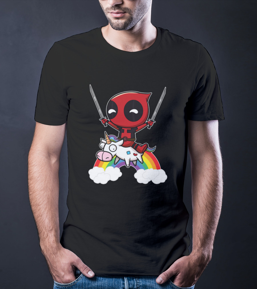 Chibi Deadpool Riding Epic Rainbow Unicorn With Dual Katanas T-Shirt