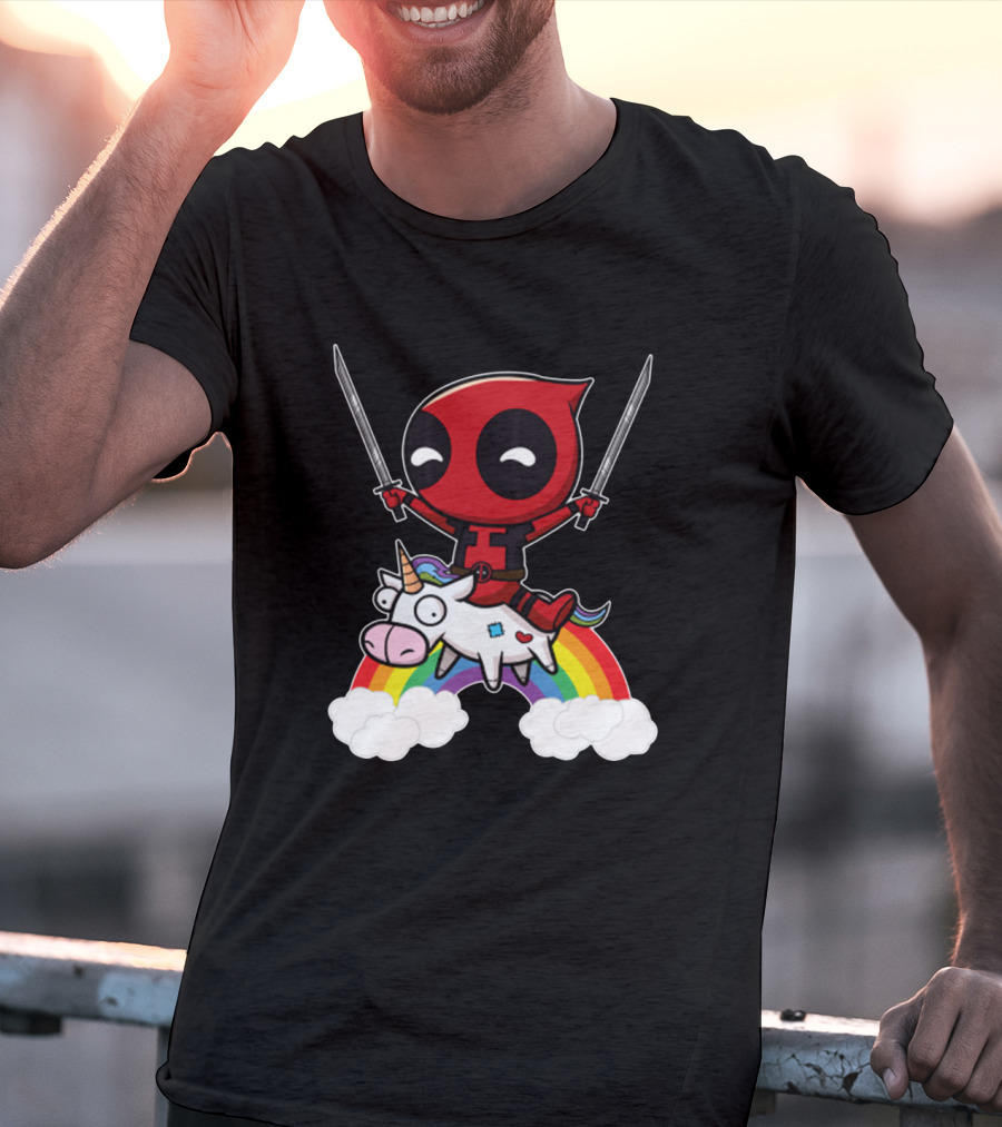 Chibi Deadpool Riding Epic Rainbow Unicorn With Dual Katanas T-Shirt