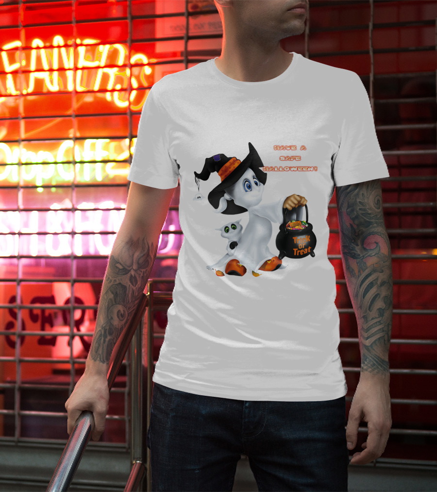 Have A Safe Halloween Trick Or Treat Party Ghost With A Witch Hat And Candy T-Shirt