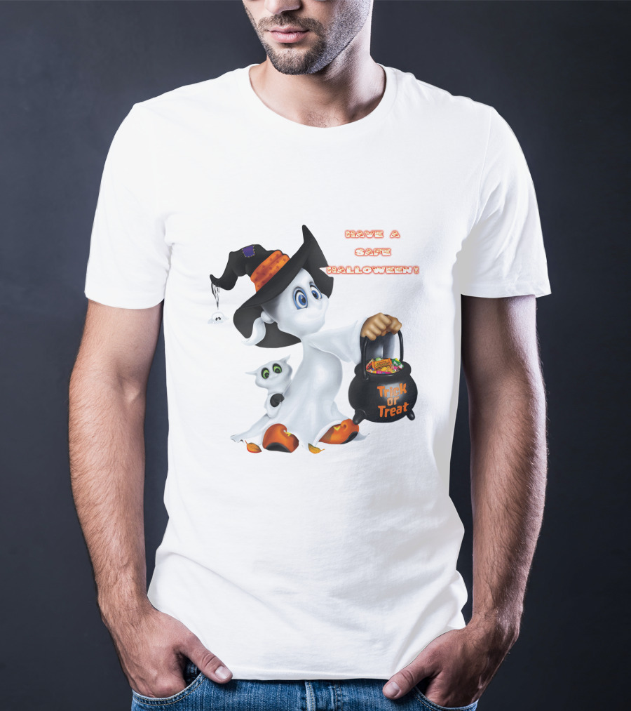 Have A Safe Halloween Trick Or Treat Party Ghost With A Witch Hat And Candy T-Shirt