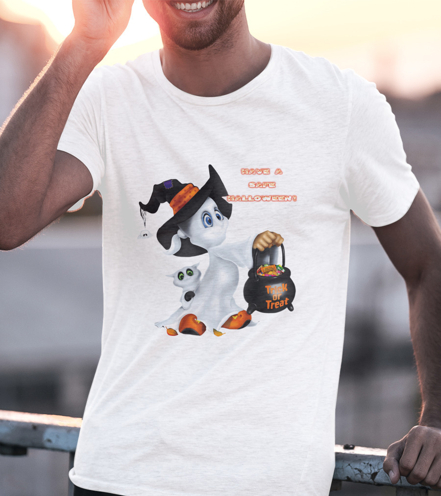 Have A Safe Halloween Trick Or Treat Party Ghost With A Witch Hat And Candy T-Shirt