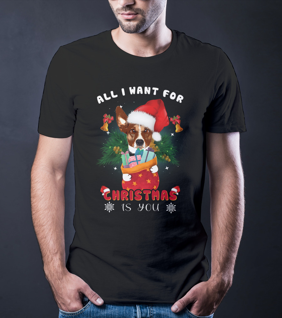 All I Want For Christmas Is You Dog Santa Hat Festive Bells And Gifts T-Shirt