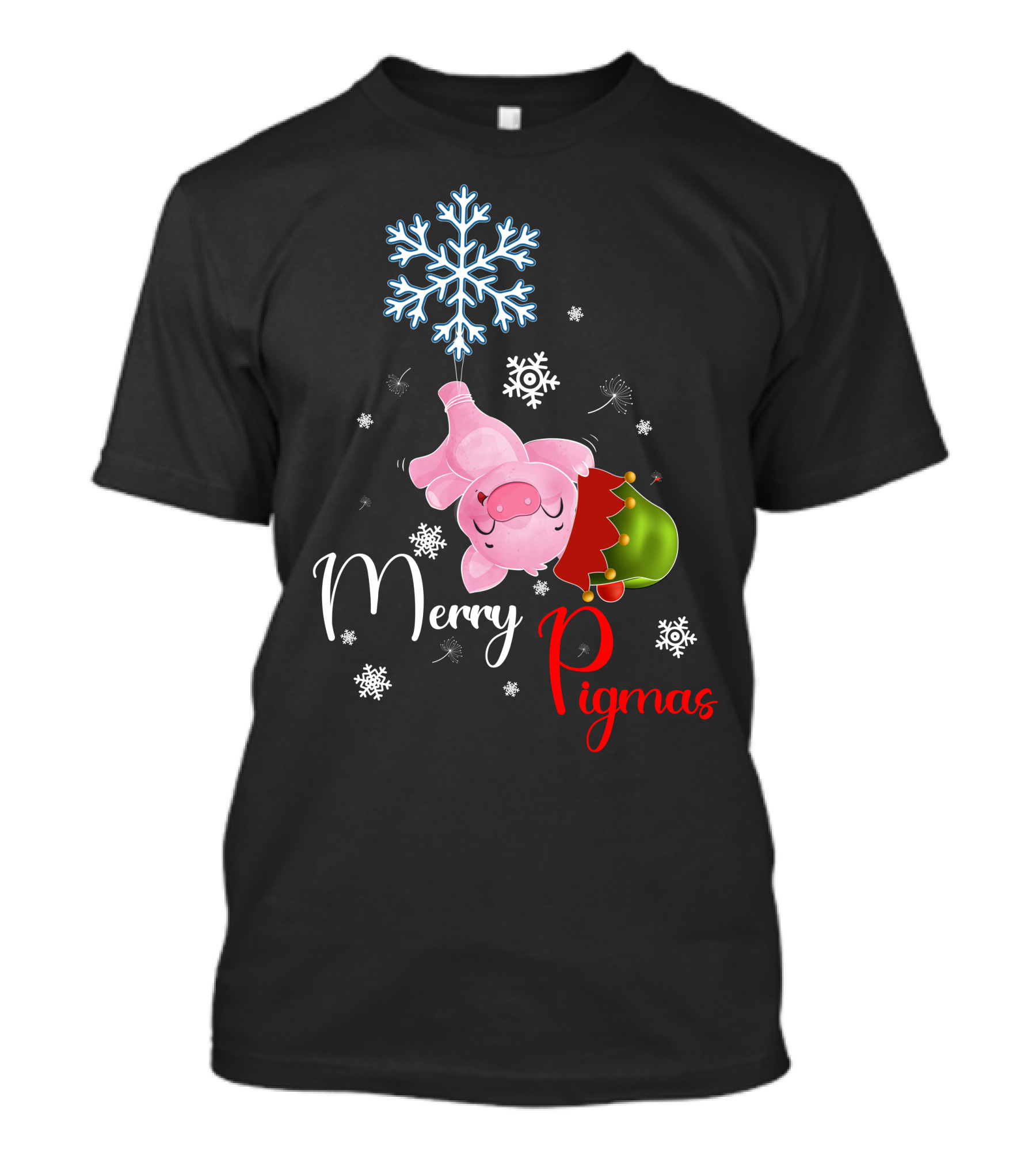 Merry Pigmas Pig Hanging From Snowflake With Santa Hat And Snowflakes T-Shirt