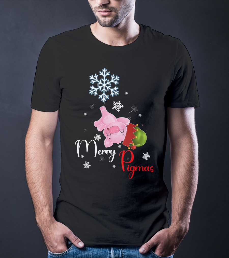 Merry Pigmas Pig Hanging From Snowflake With Santa Hat And Snowflakes T-Shirt