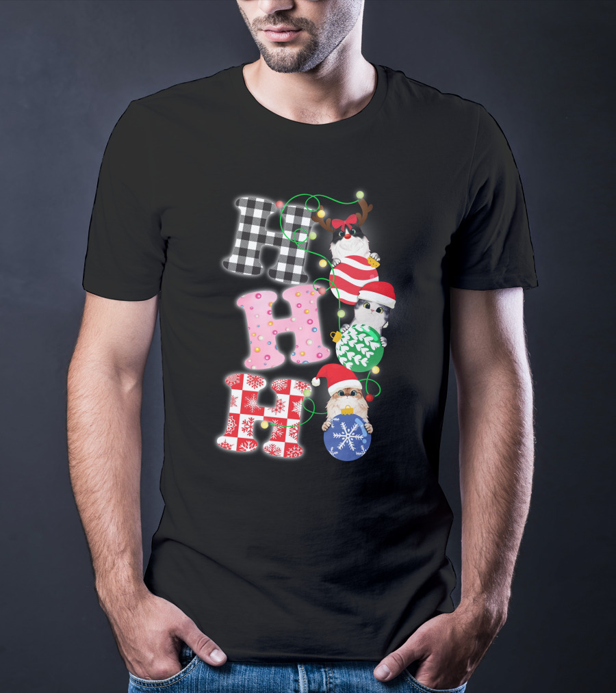 HO HO HO Christmas Cats In Holiday Hats And Ornaments T-Shirt