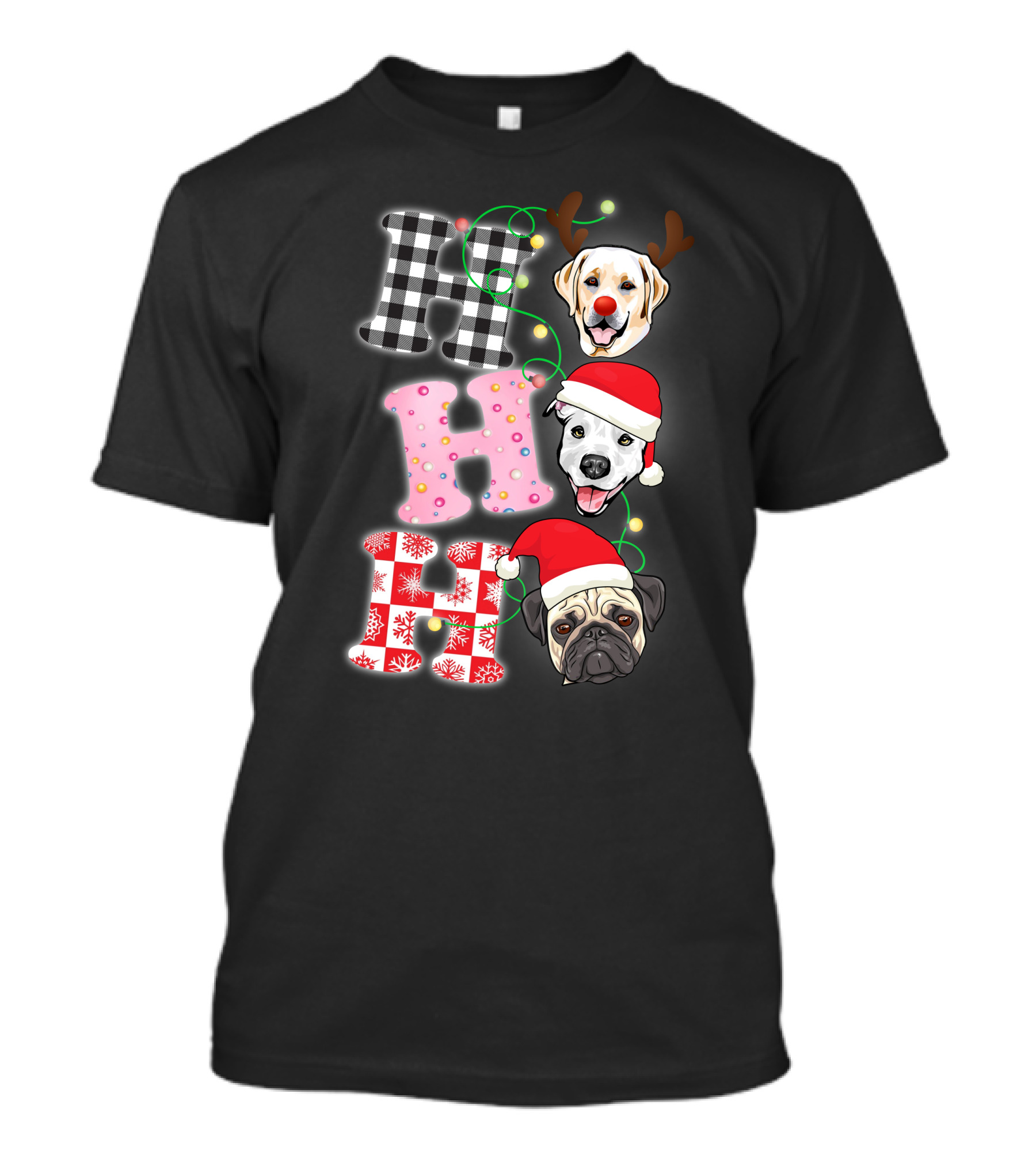 HO HO HO Christmas Dogs With Santa Hats And Reindeer Antlers T-Shirt