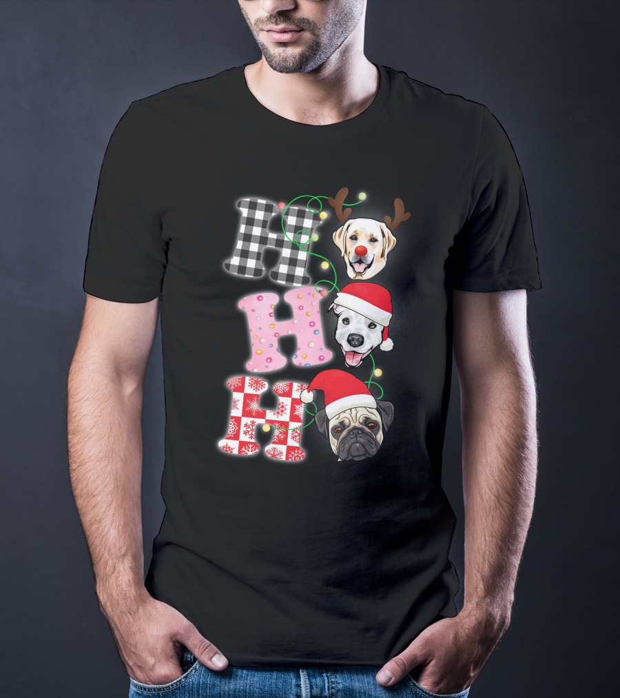 HO HO HO Christmas Dogs With Santa Hats And Reindeer Antlers T-Shirt