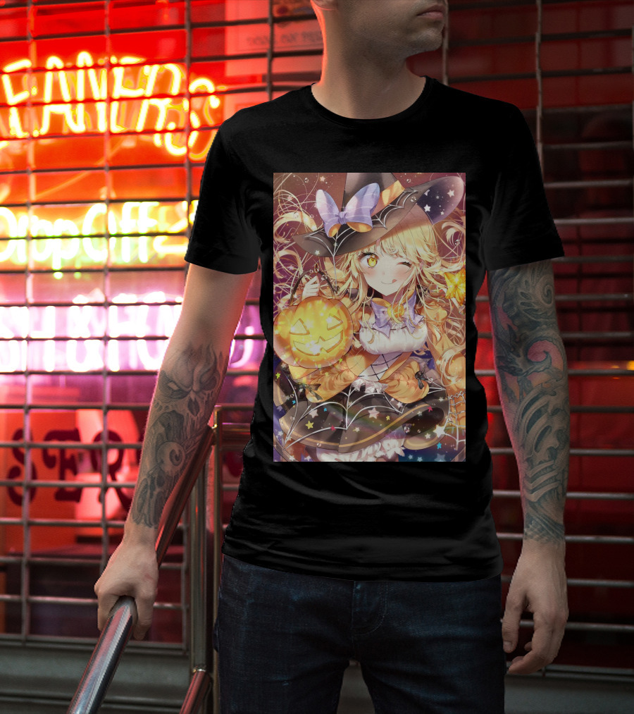 Anime Halloween Witch Girl With Pumpkin Lantern And Stars T-Shirt
