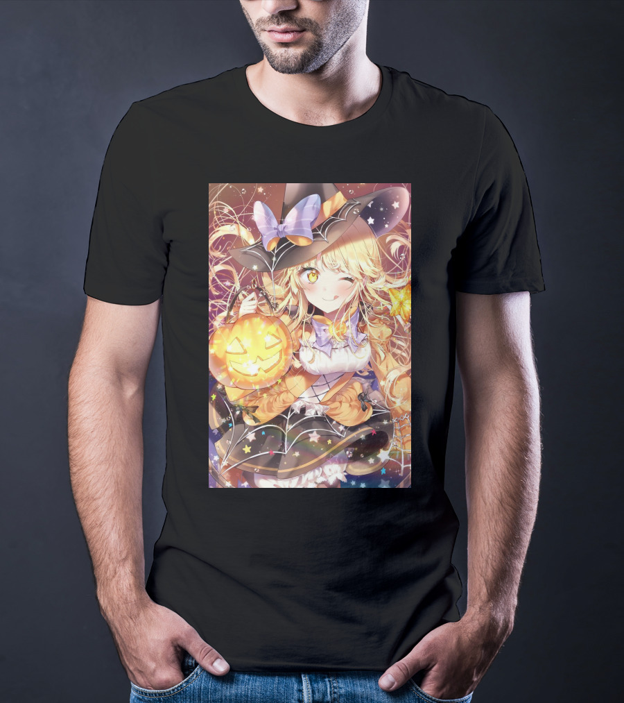 Anime Halloween Witch Girl With Pumpkin Lantern And Stars T-Shirt