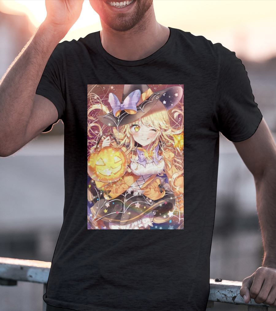 Anime Halloween Witch Girl With Pumpkin Lantern And Stars T-Shirt