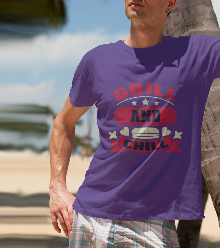 GRILL AND CHILL Stars And Hearts BBQ Burger Banner T-Shirt