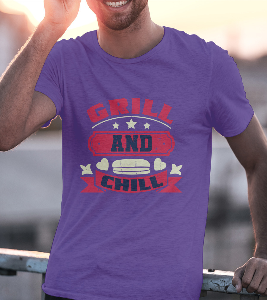 GRILL AND CHILL Stars And Hearts BBQ Burger Banner T-Shirt