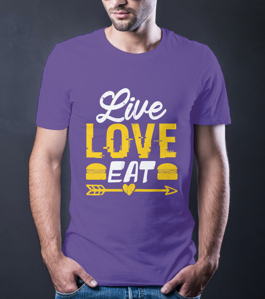 Live Love Eat With Burgers And Heart Arrow On Red T-Shirt