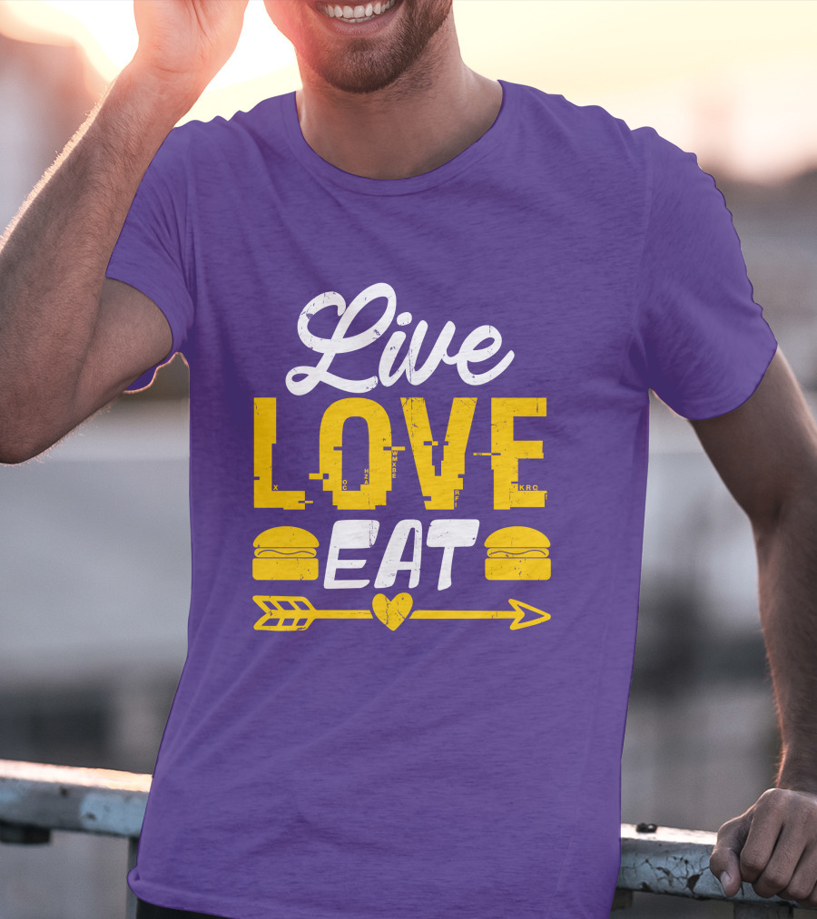 Live Love Eat With Burgers And Heart Arrow On Red T-Shirt