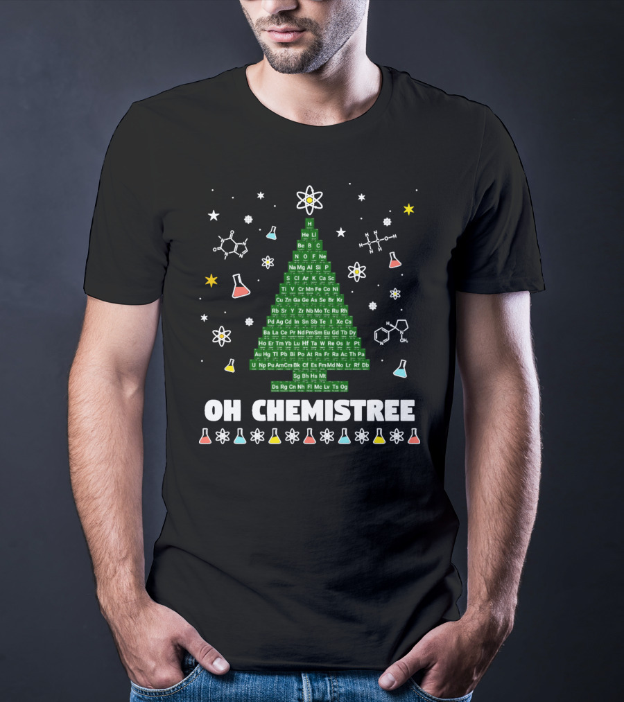 Oh Chemistree Periodic Table Christmas Tree With Beakers And Molecules T-Shirt