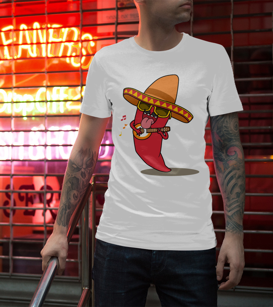 Mexican Chili Pepper Playing Guitar In Sombrero T-Shirt