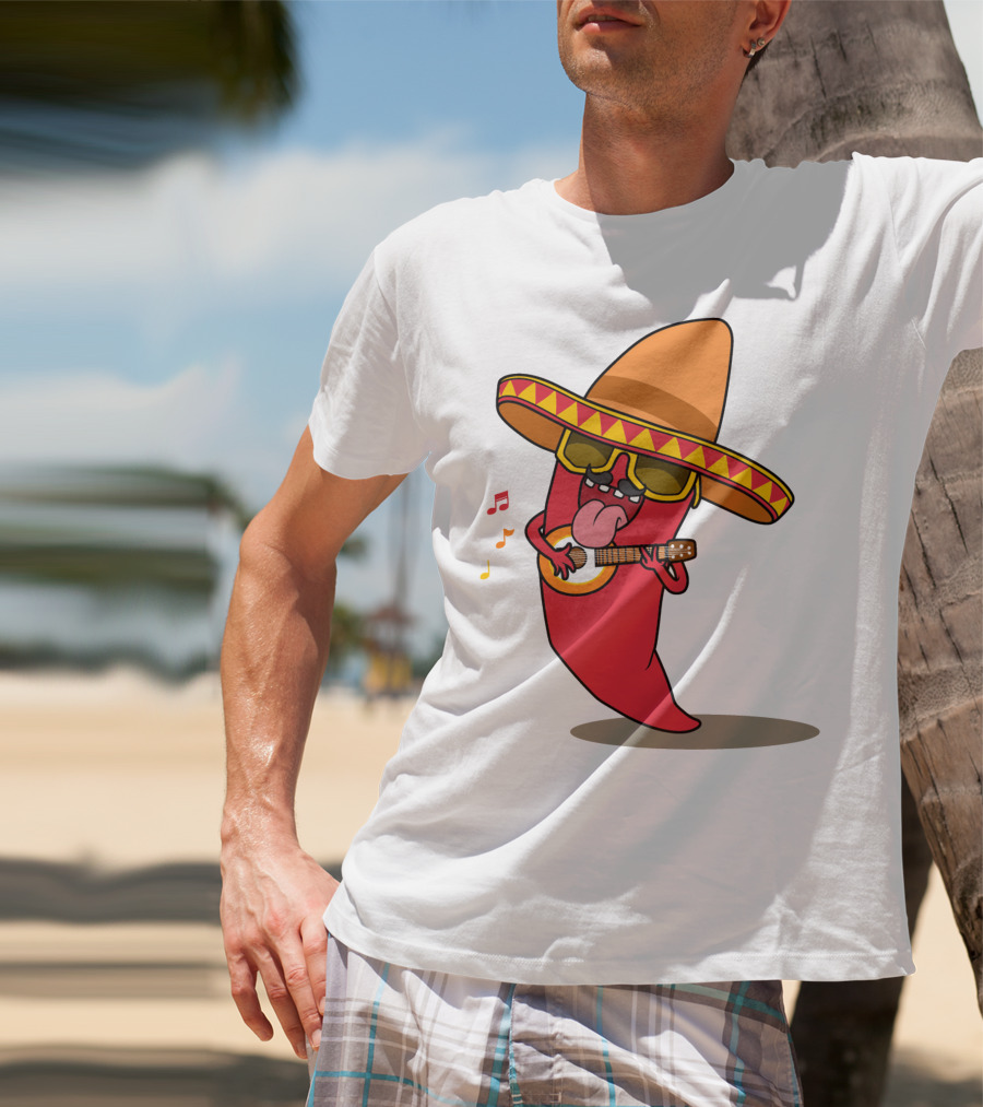 Mexican Chili Pepper Playing Guitar In Sombrero T-Shirt