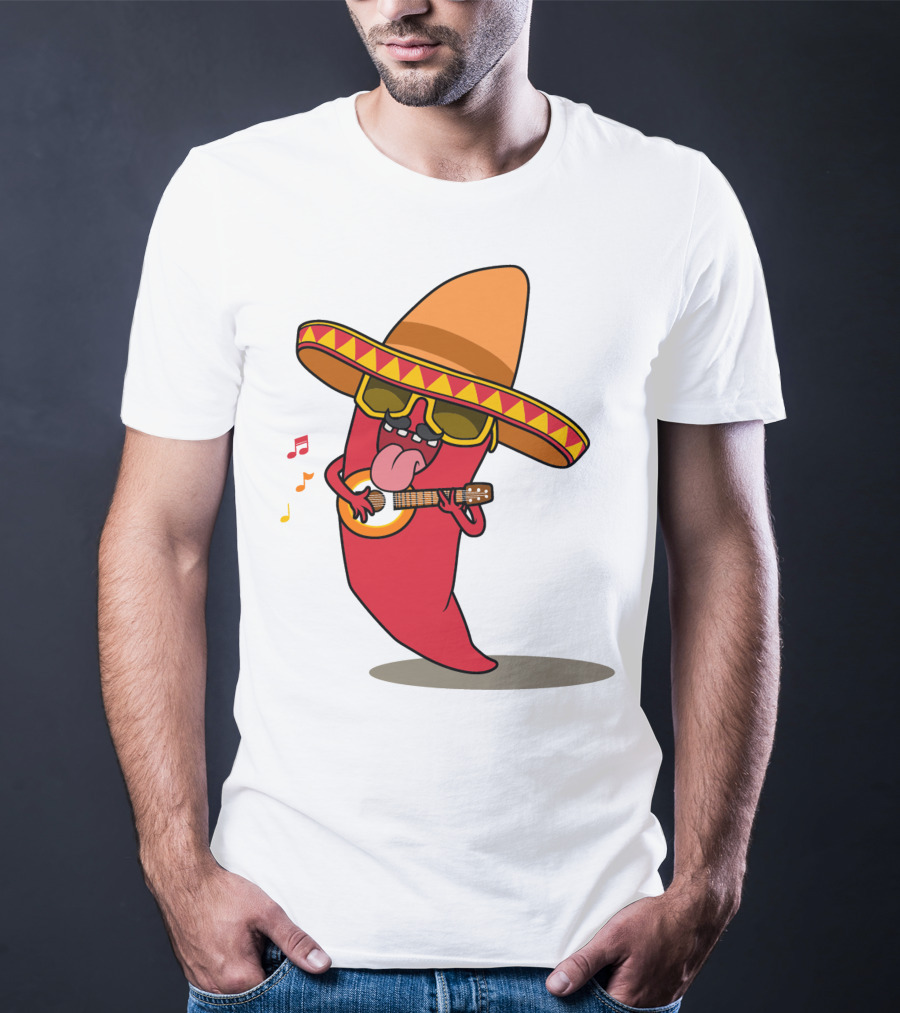 Mexican Chili Pepper Playing Guitar In Sombrero T-Shirt