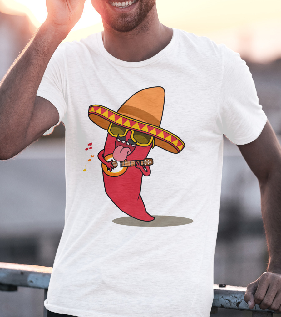 Mexican Chili Pepper Playing Guitar In Sombrero T-Shirt