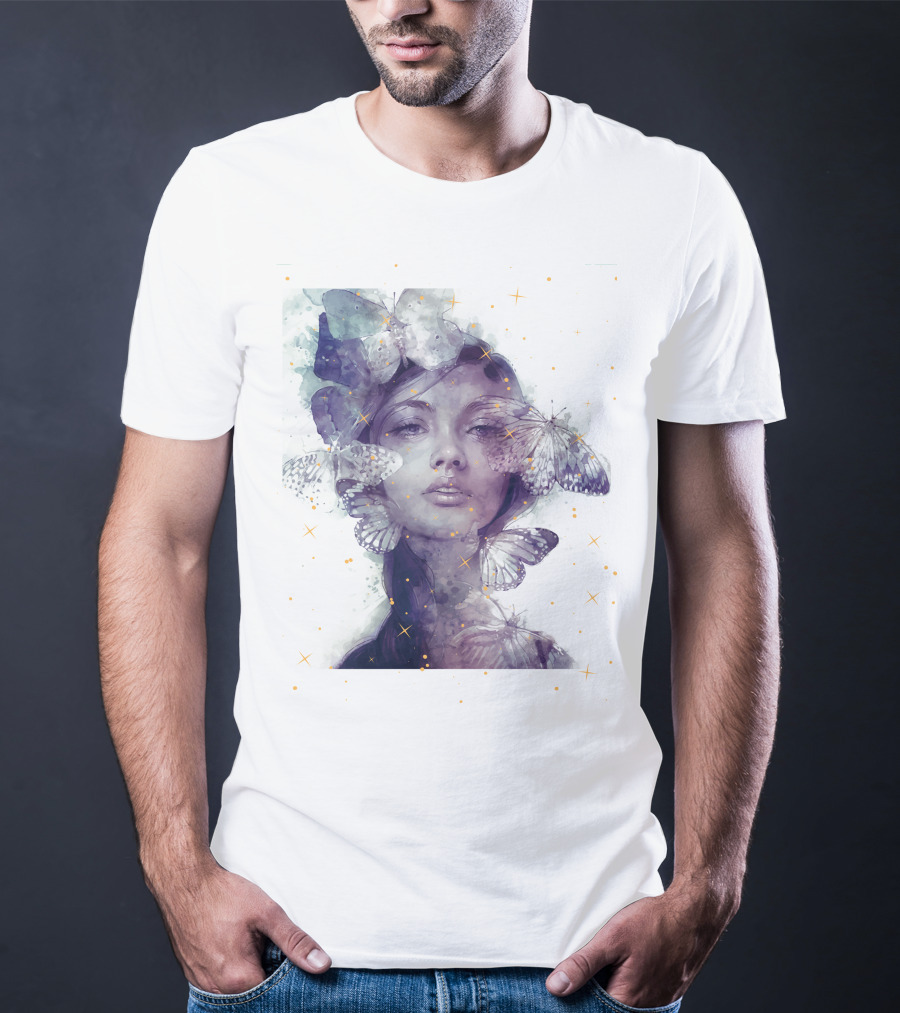 Butterfly And Girl Dreamy Watercolor Portrait With Stars T-Shirt