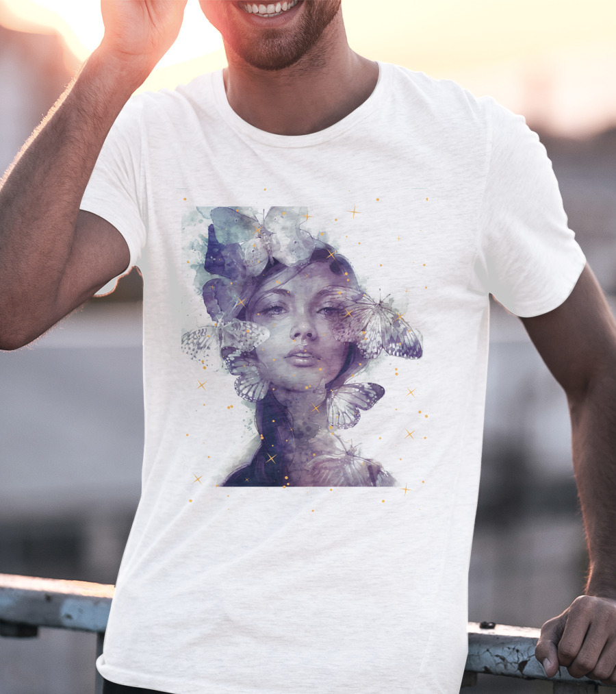Butterfly And Girl Dreamy Watercolor Portrait With Stars T-Shirt