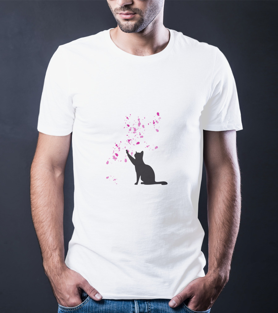 Cat And Pink Splatter Blooms T-Shirt