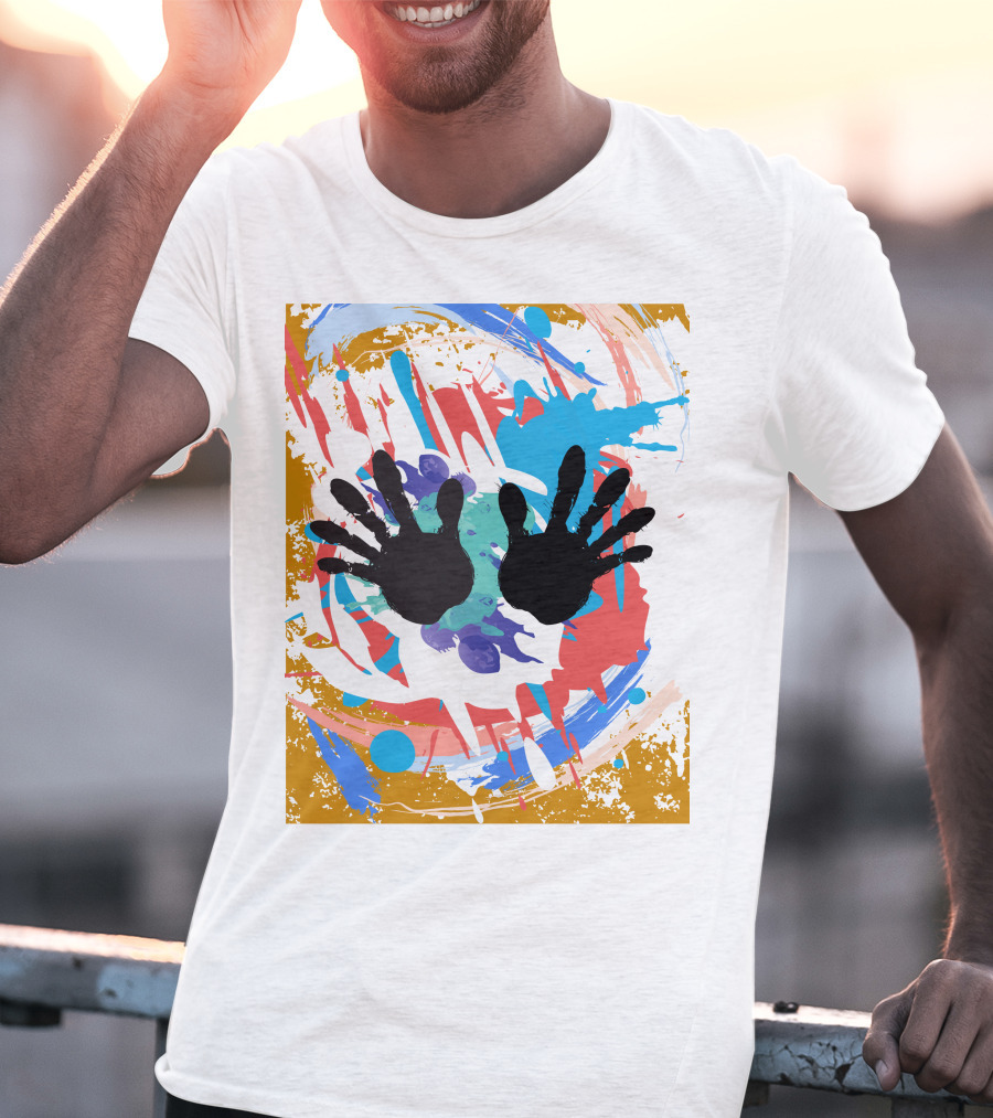 Colorful Splash With Black Handprints T-Shirt