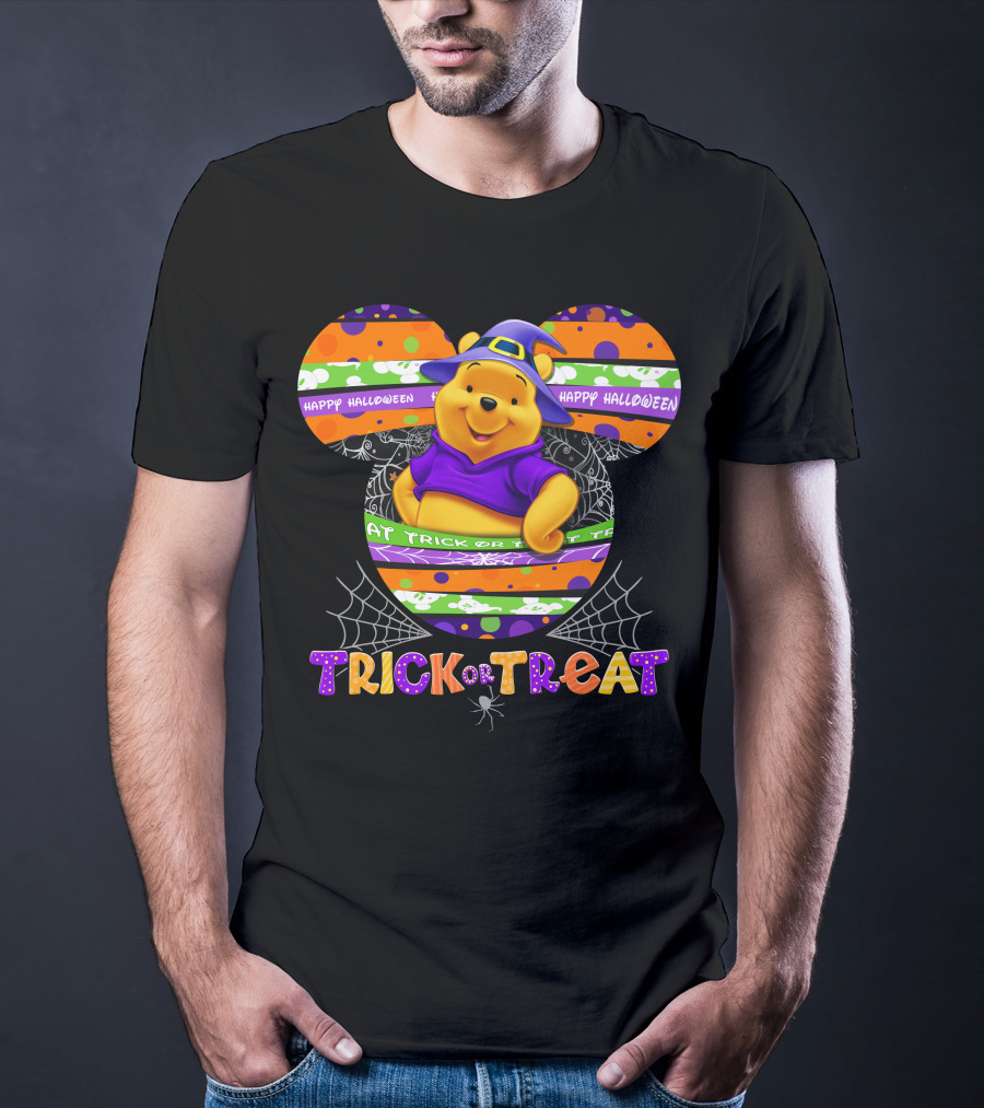 Happy Halloween Trick Or Treat Pooh Witch Hat Spiderwebs T-Shirt