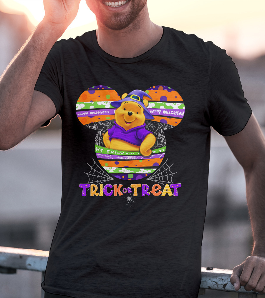 Happy Halloween Trick Or Treat Pooh Witch Hat Spiderwebs T-Shirt