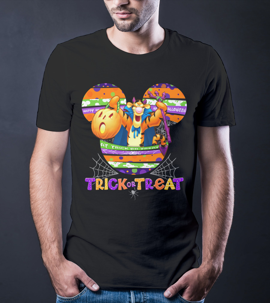 Tigger Happy Halloween Trick Or Treat Disney Mickey Pumpkin Spiderwebs T-Shirt