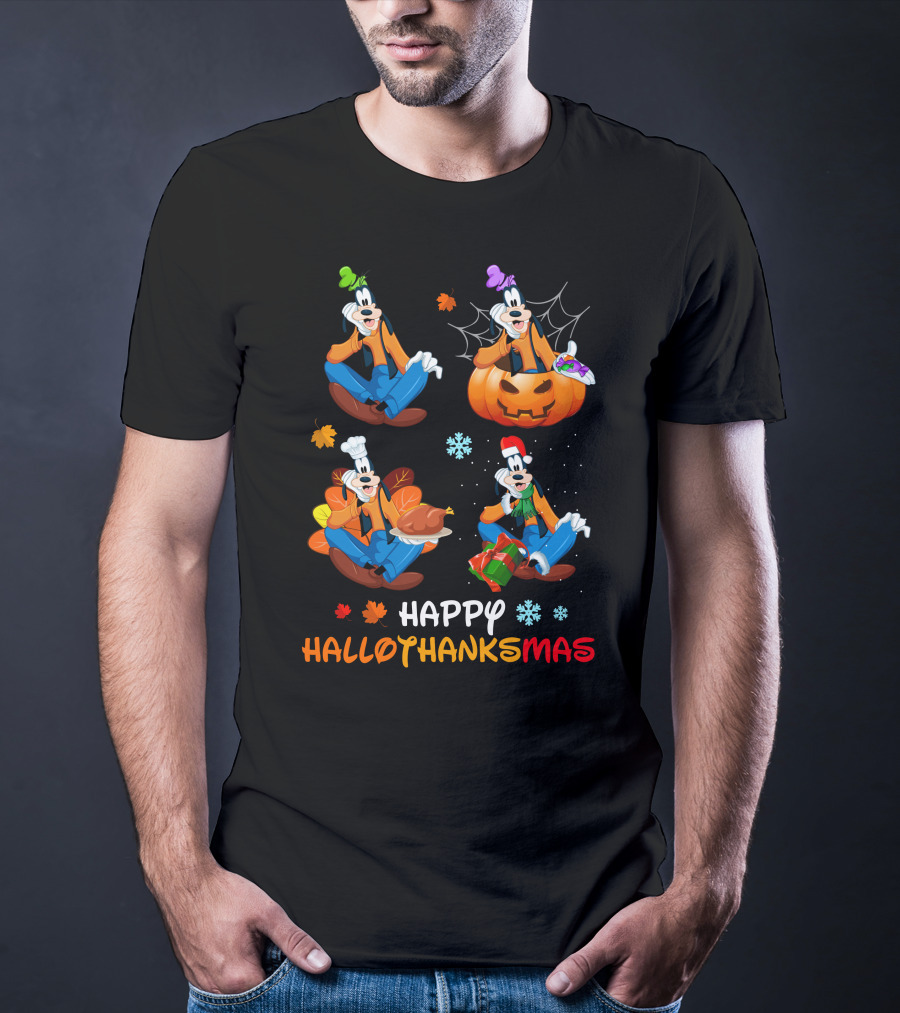 Happy Hallothanksmas Goofy Pumpkin Turkey Gift Leaves Snowflakes T-Shirt