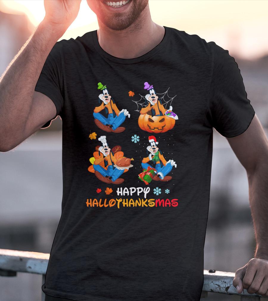 Happy Hallothanksmas Goofy Pumpkin Turkey Gift Leaves Snowflakes T-Shirt