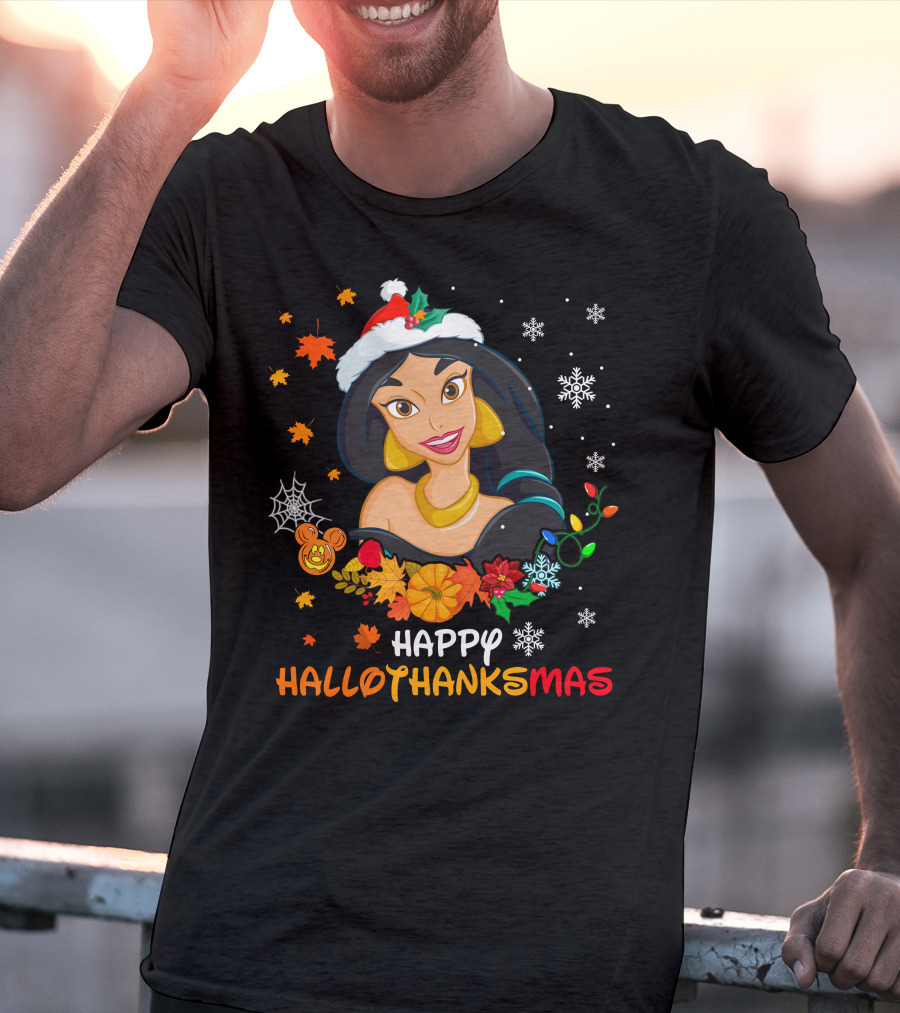 Jasmine Happy Hallothanksmas Snowflakes Autumn Leaves Santa Hat T-Shirt